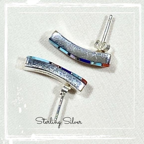 Signed-SM Multi Stone Inlaid Curve Sterling Silver Post Back Native Earrings - Picture 8 of 10